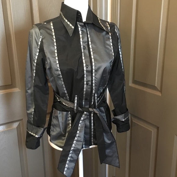 Naracamicie Tops - NaraCamicie Size 2 II Black Silver Blouse Tie Top